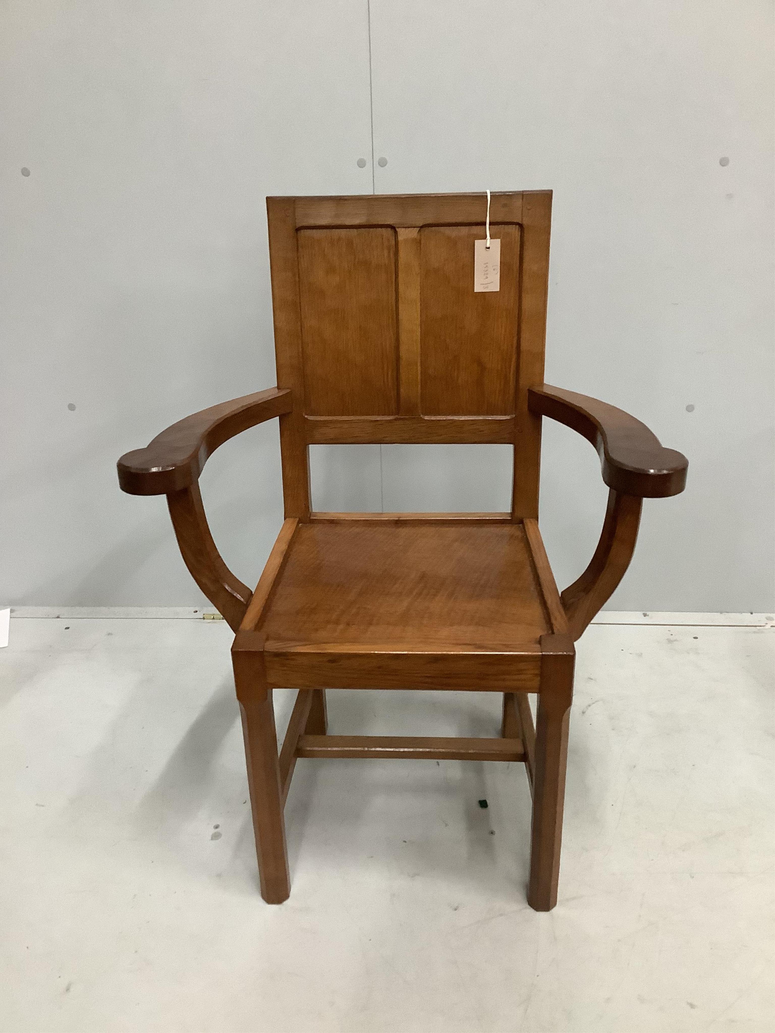 Alan Grainger 'Acorn Man', a set of six adzed oak panelled dining chairs, two with arms, largest width 66cm, depth 42cm, height 91cm. Condition - good